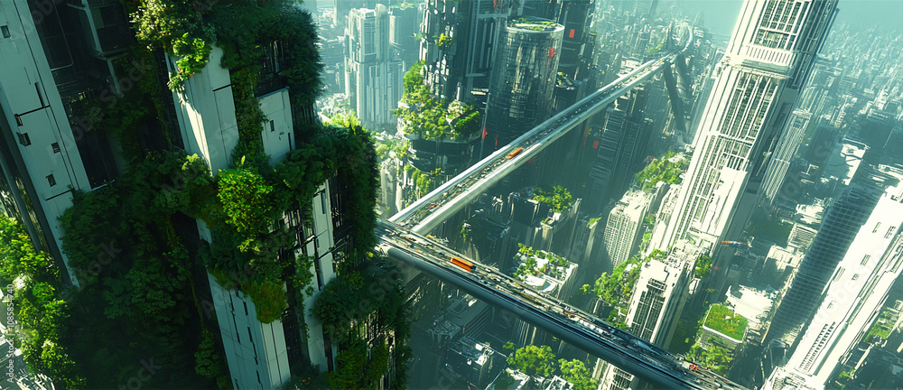 High-rise buildings, heavily vegetated, are linked by elevated transportation systems High-rise buildings, heavily vegetated, are linked by elevated transportation systems