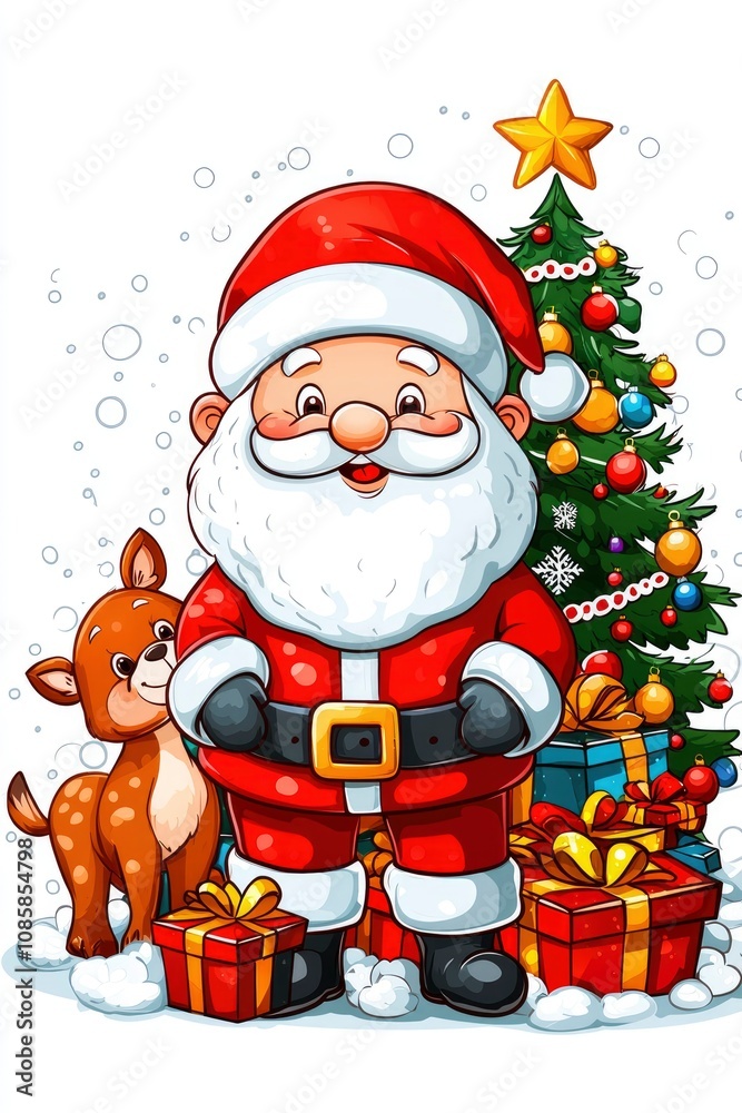 Jolly Santa Claus with Reindeer and Christmas Gifts