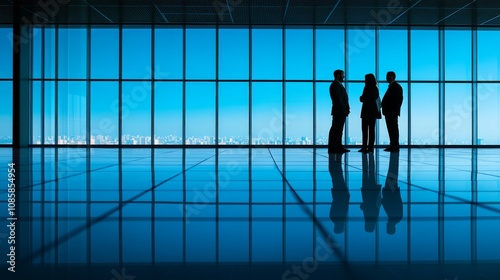 Silhouetted businesspeople converse near expansive windows overlooking a cityscape.