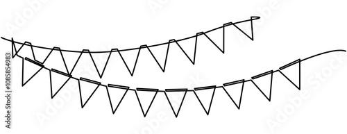 Continuous line art drawing buntings garland. Celebration party hand drawn flags. Vector linear illustration isolated on white. Continuous line drawing of garland. Vector illustration, One line party 