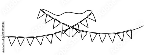 Continuous line art drawing buntings garland. Celebration party hand drawn flags. Vector linear illustration isolated on white. Continuous line drawing of garland. Vector illustration, One line party 