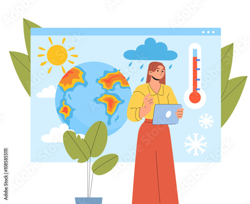 Woman weather forecast. Young girl with tablet stands near map of globe. Meteorological TV show host. Meteorologist with weather forecast. Flat vector illustration isolated on white background