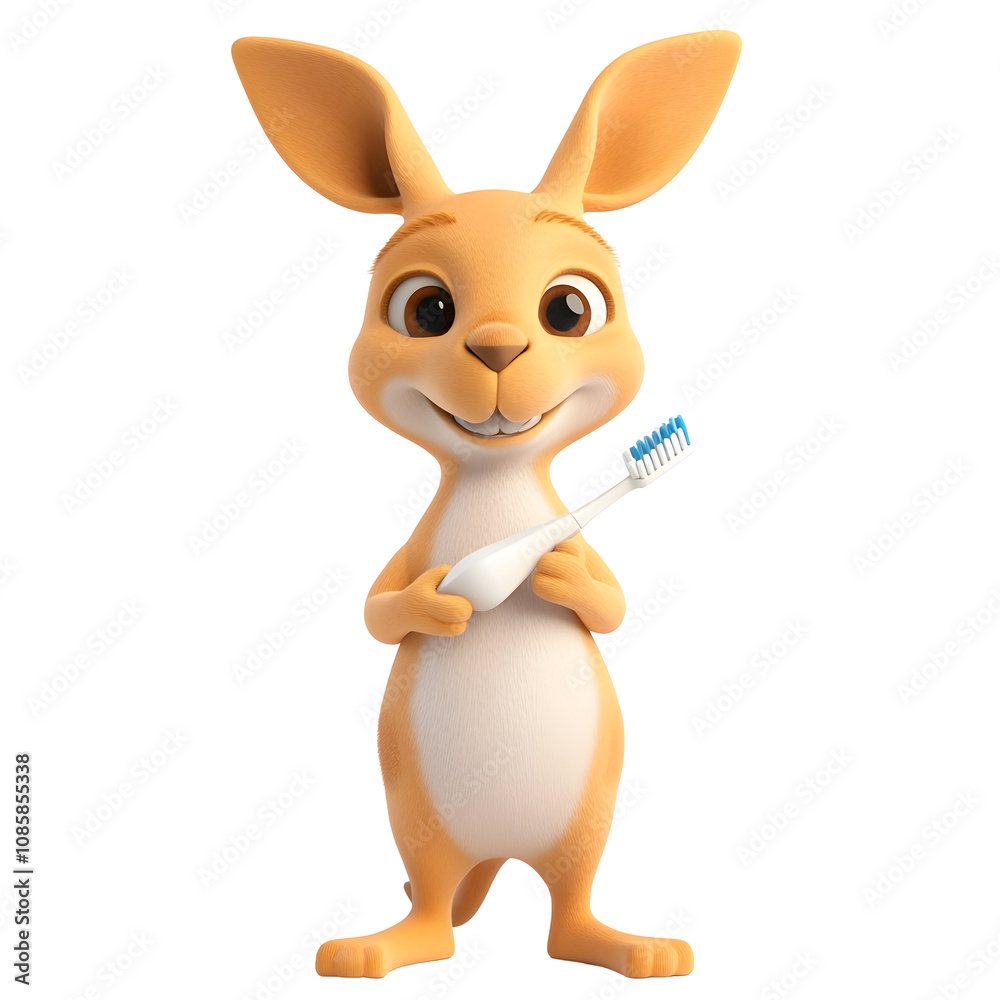 Obraz premium Cute Kangaroo Character Holding 3D-Printed Toothbrush on Clean White Background