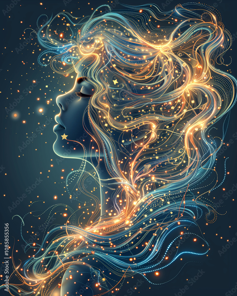 Obraz premium A woman with long hair is surrounded by a cloud of stars. The stars are scattered all over the image, creating a sense of movement and energy. The woman's hair is flowing