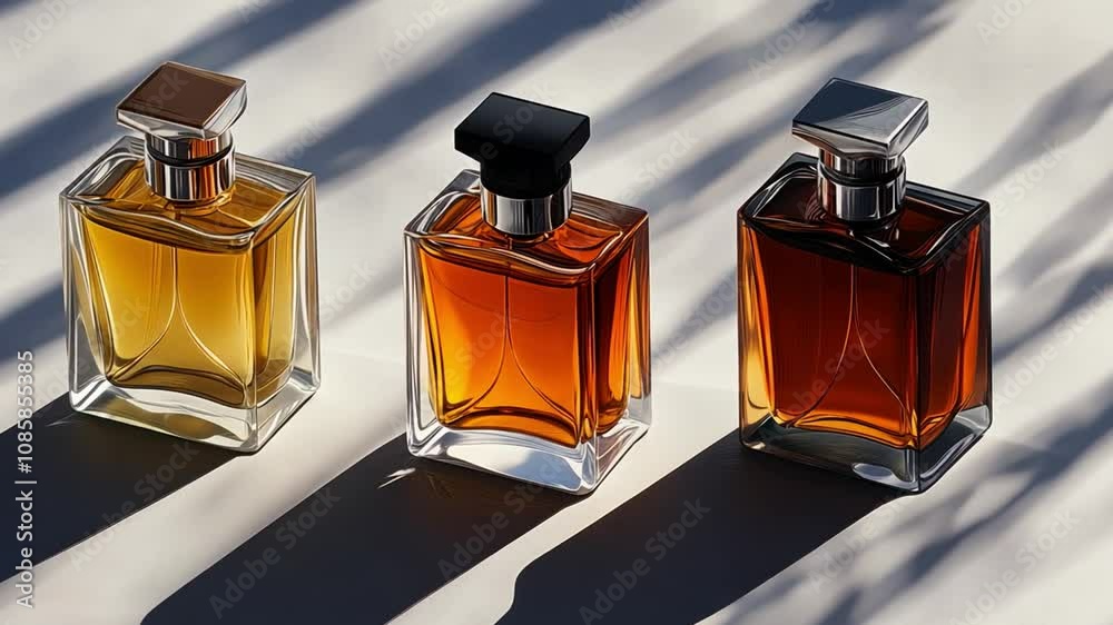 Three bottles of perfume are lined up on a table