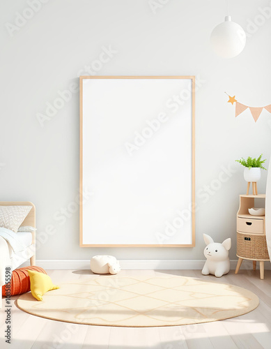 3D Render of Mockup Poster Frame in a Scandinavian-Style Kid’s Bedroom