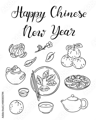 Chinese New Year vector doodle drawings of dumplings, tangerines, tea set, and blossoms with calligraphy text Happy Chinese New Year. Perfect for festive designs, greetings, and cultural celebrations