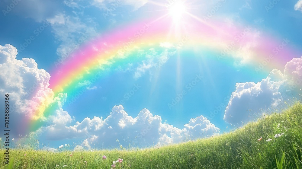 Vibrant Rainbow Arching Over Lush Green Meadow Under a Bright Blue Sky with Fluffy Clouds and Sunlight Shining Through the Atmospheric Canvas of Nature's Beauty Vibrant Rainbow Arching Over Lush Green Meadow Under a Bright Blue Sky with Fluffy Clouds and Sunlight Shining Through the Atmospheric Canvas of Nature's Beauty