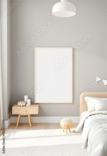 Children’s Room Decorated with a Mockup Poster Frame, Scandinavian Style, 3D Render