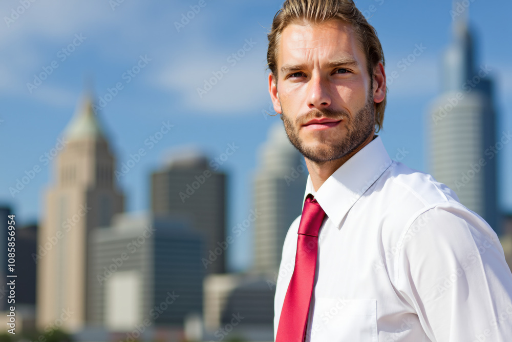 Businessman wearing red tie posing with indianapolis skyline Businessman wearing red tie posing with indianapolis skyline