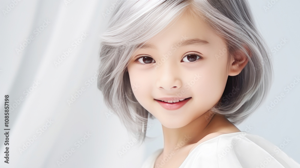 Portrait of smiling asian girl child with short white hair silver background. Portrait of smiling asian girl child with short white hair silver background.