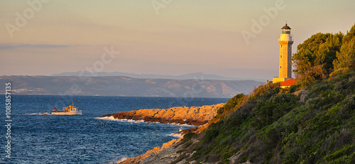 Lighthouse Stoncica at sunset light on island Vis, Croatia photo