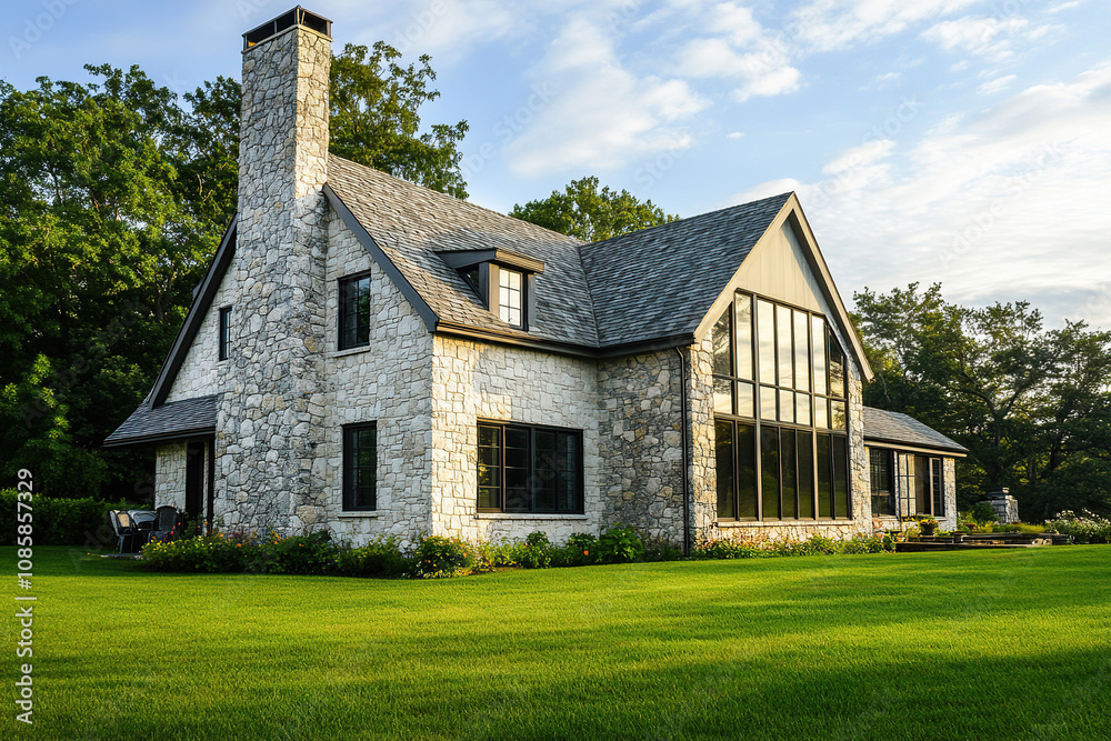 An American-style stone house with black windows, white walls, and gray tiles on the roof, nestled in lush green grass near trees. The exterior is classic with large windows that offer views of nature An American-style stone house with black windows, white walls, and gray tiles on the roof, nestled in lush green grass near trees. The exterior is classic with large windows that offer views of nature