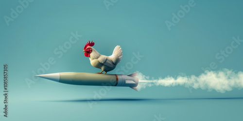 Rooster riding missile as speed up concept. AI generative art	