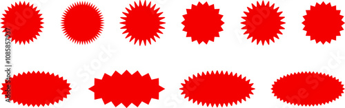 Red shopping labels collection. Sale or discount sticker. Starburst red sticker set. Special offer price tag. Supermarket promotional badge. Promo stickers with star edges. Vector
