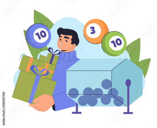 Man winning lottery. Young guy with gift boxes and balloons with numbers. Games for luck and fortune, gambling. Loto and casino, bingo. Flat vector illustration isolated on white background