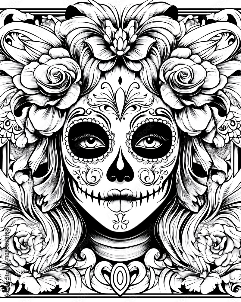 Fototapeta premium A woman with a skull on her face and flowers around her head. The skull is surrounded by roses and the flowers are in various sizes and colors. Scene is dark and mysterious