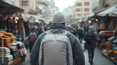 Urban exploration: man with backpack in bustling street market