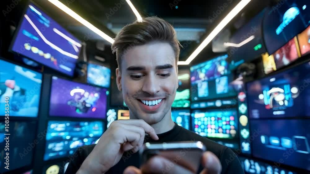 A young man interacts with a smartphone in a tech-themed environment filled with screens.