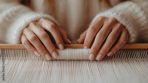 Close-up of hands weaving on a loom with soft woolen threads photo