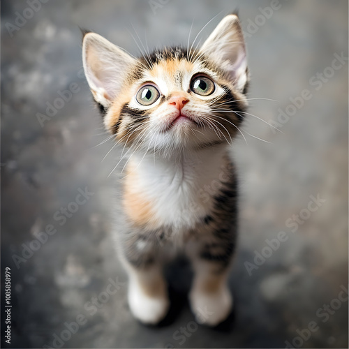 cute kitten standing on two legs looking up direct into the camera begging with cute eyes