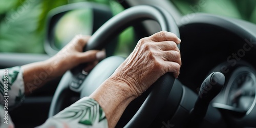 Senior woman driving a car with focused hands on steering wheel, emphasizing independence and safety