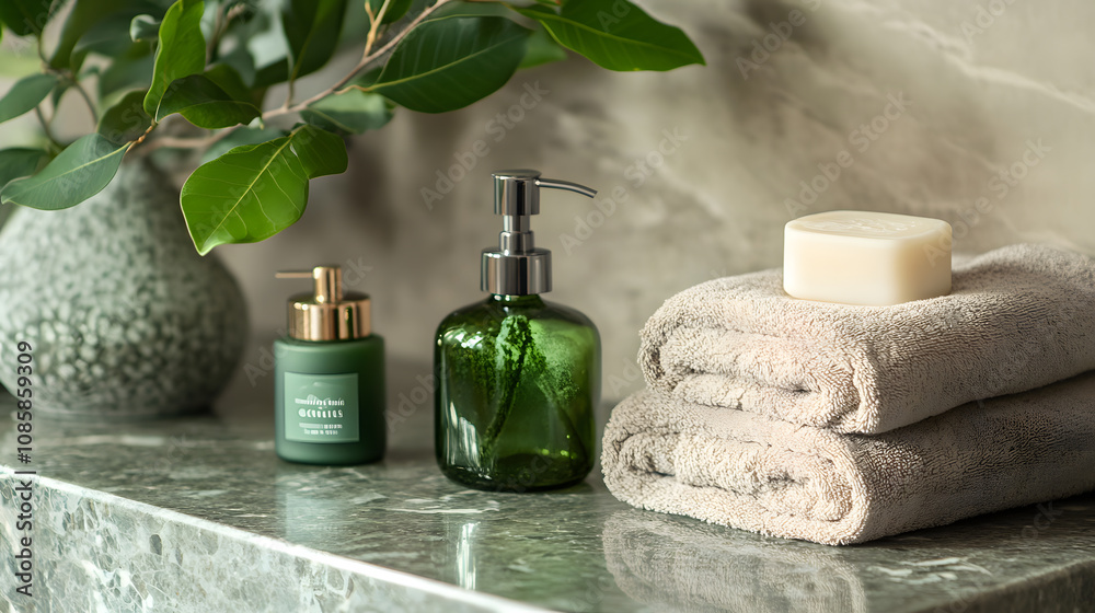 green leafs in a small glass vase, a hand soap and hand cream in a green glass bottle, stone sink with folded linen towels on green leafs in a small glass vase, a hand soap and hand cream in a green glass bottle, stone sink with folded linen towels on