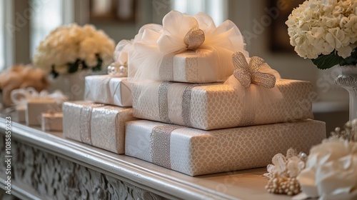 Wedding gift table with elegantly wrapped presents in white and silver, soft tulle decoration