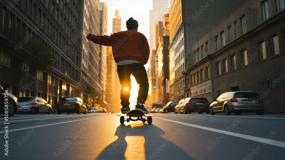 A man is skateboarding down a city street
