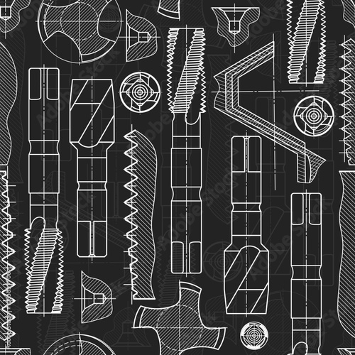 Mechanical engineering drawings on black background. Tap tools, borer. Technical Design. Cover. Blueprint. Seamless pattern. Vector illustration.