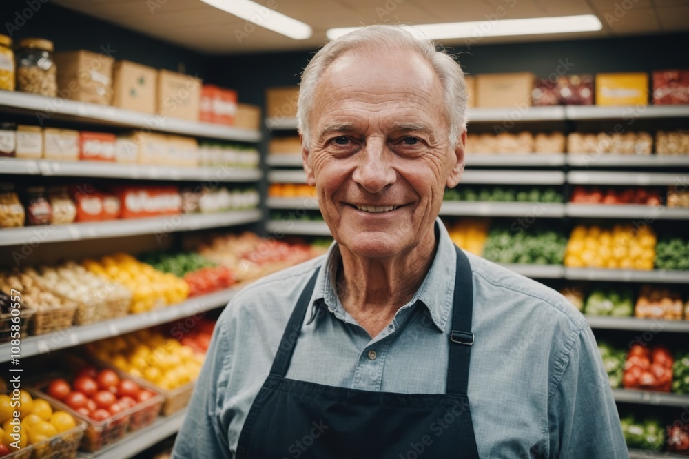 Close portrait of a smiling senior German male grocer standing and looking at the camera, German grocery store blurred background Close portrait of a smiling senior German male grocer standing and looking at the camera, German grocery store blurred background