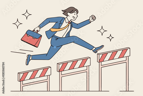 businesswoman jumping over hurdles symbolizing challenges and success vector illustration.

