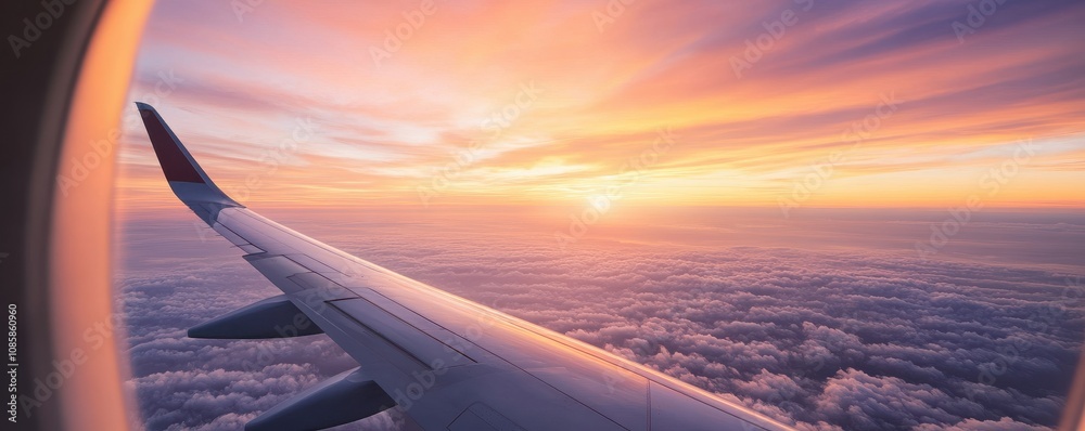 Airplane wing at sunset above fluffy clouds. Airplane wing at sunset above fluffy clouds.
