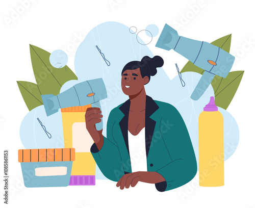 Woman hairdresser concept. Young girl with hairdryer, creams and lotions. Beauty procedures and treatment. Makeup and cosmetics. Flat vector illustration isolated on white background