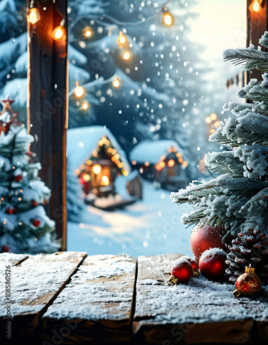 Christmas winter wonderland with frozen Xmas decorated wooden table for product display, snowy christmas village background with cozy lights, christmas spirit, ad, podium platform, product present