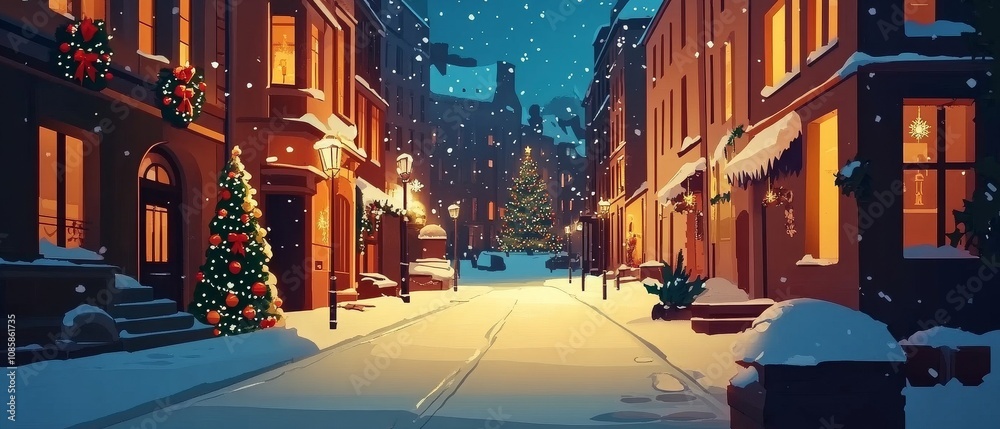 Obraz premium A winter scene with a Christmas tree in the foreground