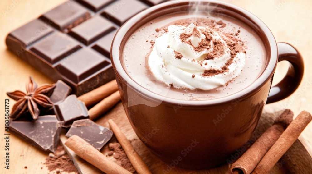 A steaming hot chocolate in a brown mug topped with whipped cream, accompanied by cinnamon sticks on a wooden table A steaming hot chocolate in a brown mug topped with whipped cream, accompanied by cinnamon sticks on a wooden table