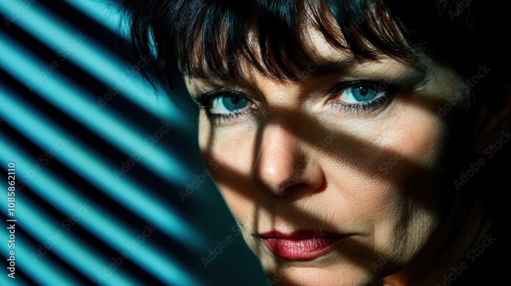 Woman's face in dramatic lighting with striped shadows across her features, AI Woman's face in dramatic lighting with striped shadows across her features, AI