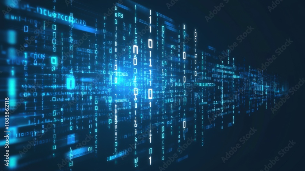 Abstract Digital Data Stream with Binary Code and Glowing Blue Lines Abstract Digital Data Stream with Binary Code and Glowing Blue Lines