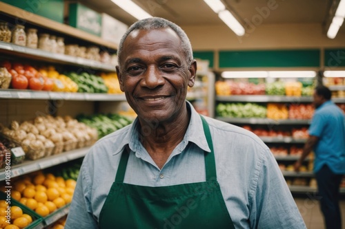 Close portrait of a smiling senior Guinea-Bissauan male grocer standing and looking at the camera, Guinea-Bissauan grocery store blurred background