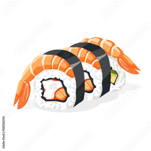 Simple flat 2D icon of dragon roll with tempura shrimp isolated on a background, vector design, ideal for animation, UI/UX design, mobile apps, web design, digital illustrations