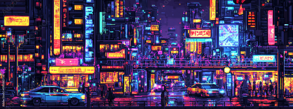 A pixel art style cityscape at night, showcasing bright neon signs, busy streets, and pedestrians A pixel art style cityscape at night, showcasing bright neon signs, busy streets, and pedestrians