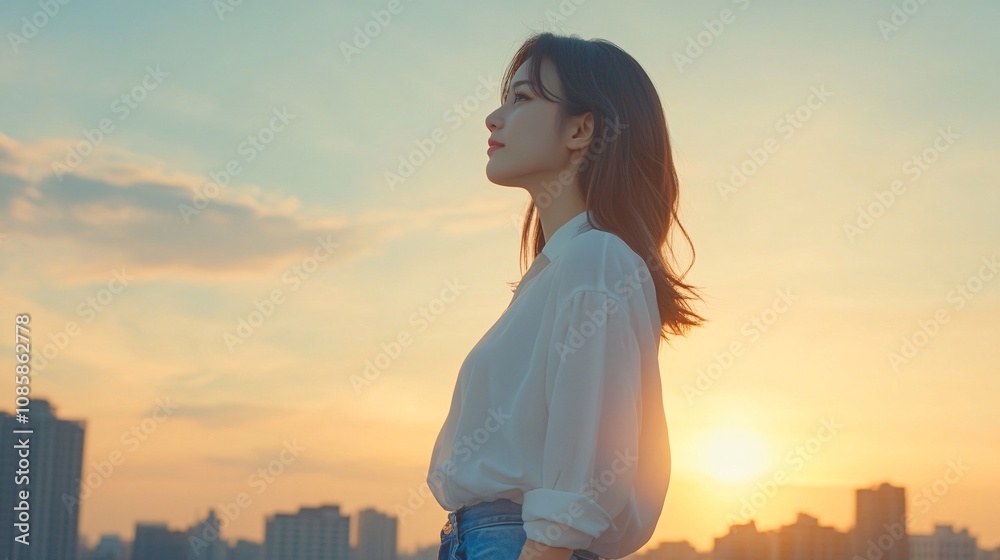 Serene Woman on Rooftop: Calm Reflection in Stylish Cityscape Overlook | Negative Space Casual Lifestyle Photography Realistic