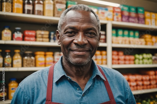 Close portrait of a smiling senior Haitian male grocer standing and looking at the camera, Haitian grocery store blurred background photo