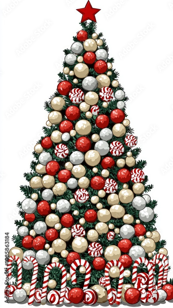 Ornate Christmas Tree with Red and White Ornaments and Candy Canes Ornate Christmas Tree with Red and White Ornaments and Candy Canes