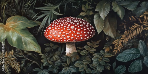 Close-up of a single red mushroom with white spots surrounded by lush greenery, photo