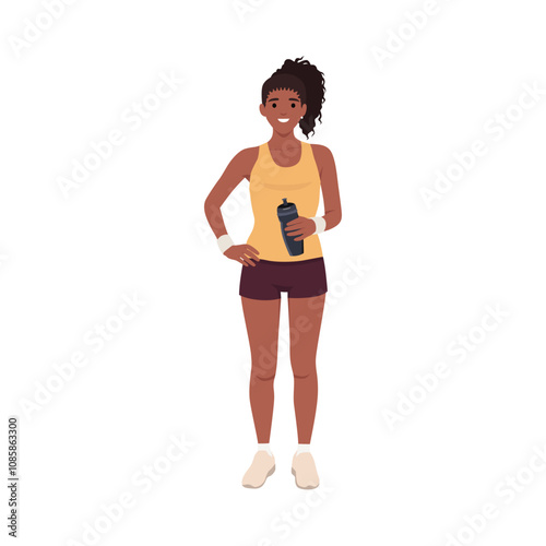 Young sports woman holding water bottle. Flat vector illustration isolated on white background