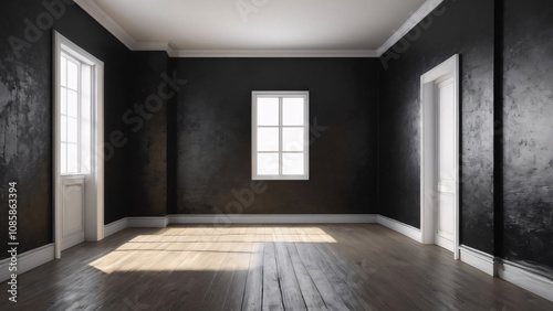 Wallpaper Mural Grunge style room, rough black walls, empty room with white windows and doors, wooden floor. Sunlight shines in from the left side. Torontodigital.ca