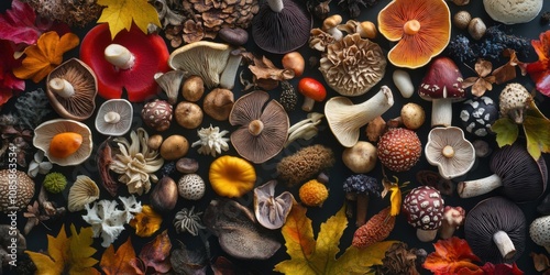 Colorful assortment of mushrooms arranged in a flat lay style, high contrast background,