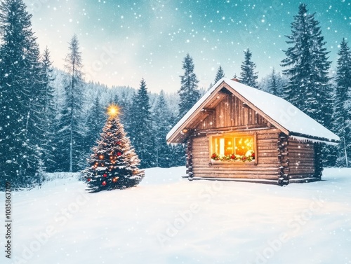 Cozy cabin in snowy winter landscape.